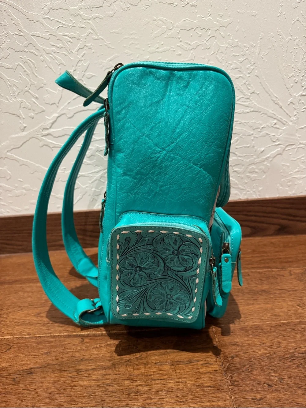 Western Linens Turquoise Cowhide Tooled Leather Backpack NWOT